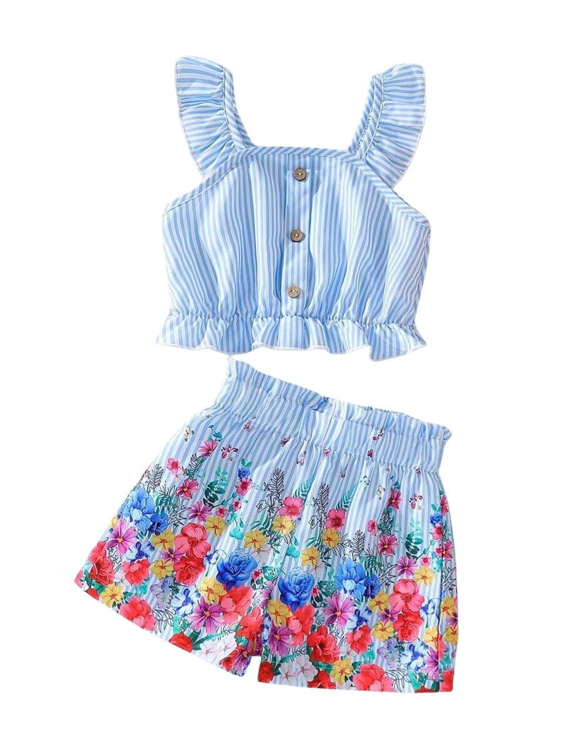 HSOXLQF Kids Toddler Girls Summer Clothes Button Design Striped Tank Top + Floral-Print Elastic Shorts 2 Piece Outfits - Image 1