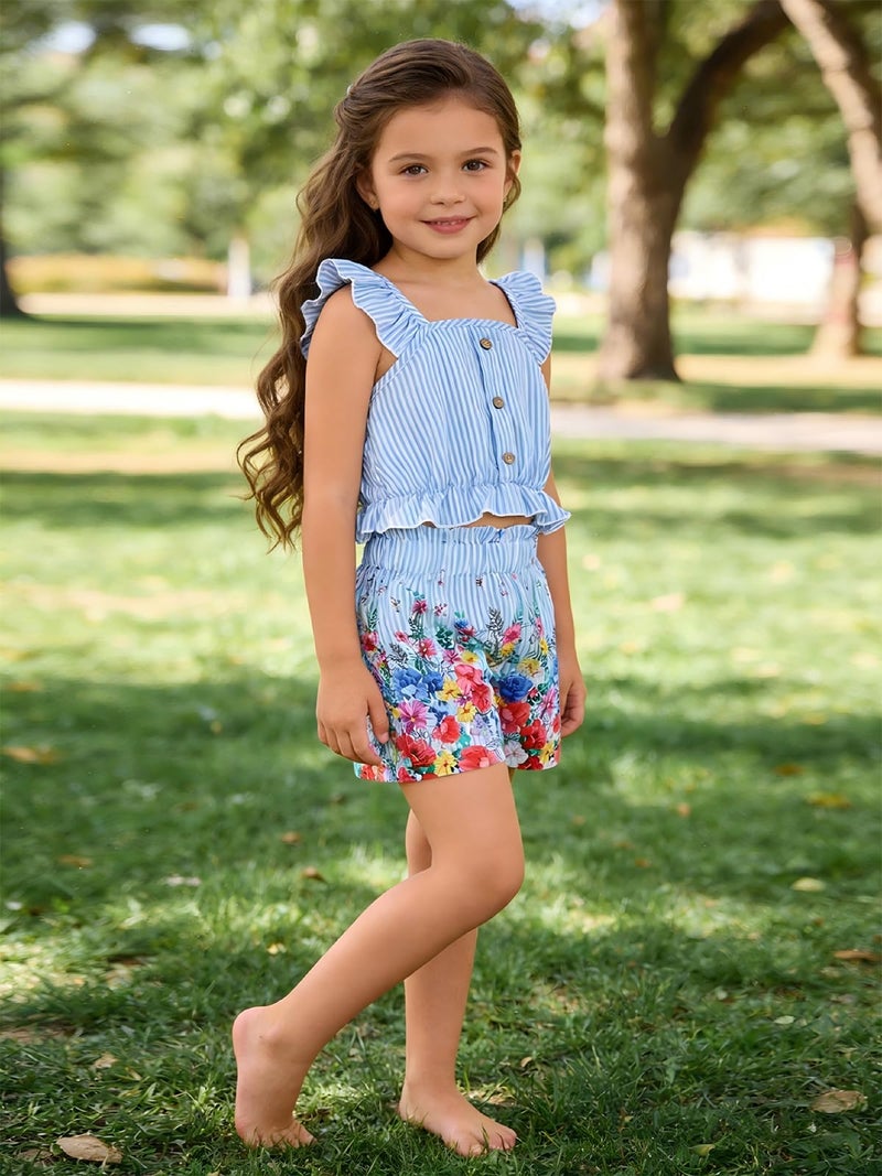 HSOXLQF Kids Toddler Girls Summer Clothes Button Design Striped Tank Top + Floral-Print Elastic Shorts 2 Piece Outfits - Image 4