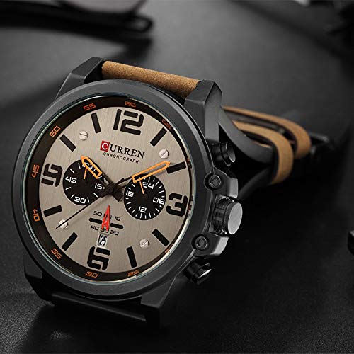PASOY Mens Leather Watches Chronograph Classic Black Casual Dress Stainless Steel Case Waterproof Date Analog Quartz Multifunction Military Watch (Brown) - Image 3
