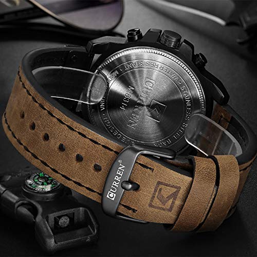 PASOY Mens Leather Watches Chronograph Classic Black Casual Dress Stainless Steel Case Waterproof Date Analog Quartz Multifunction Military Watch (Brown) - Image 4