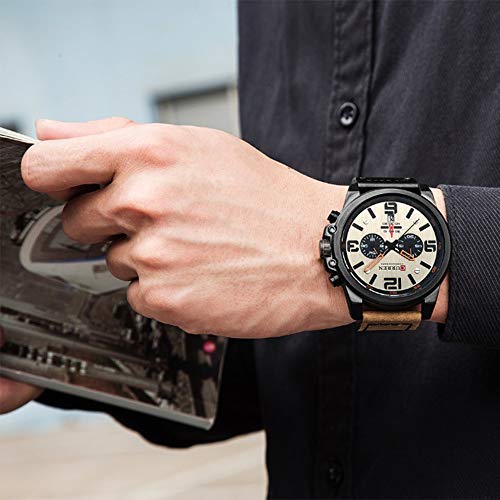 PASOY Mens Leather Watches Chronograph Classic Black Casual Dress Stainless Steel Case Waterproof Date Analog Quartz Multifunction Military Watch (Brown) - Image 5