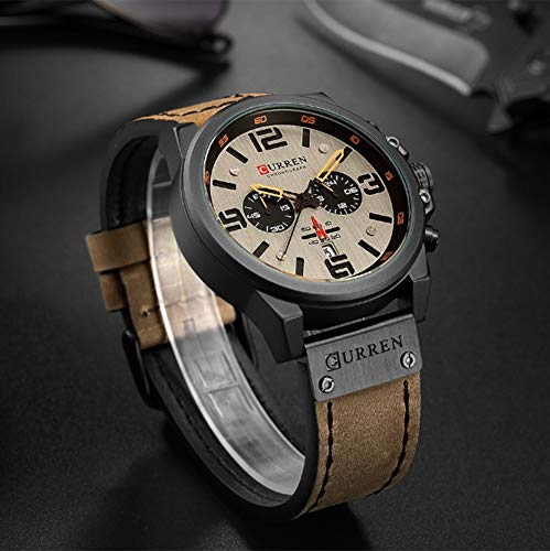 PASOY Mens Leather Watches Chronograph Classic Black Casual Dress Stainless Steel Case Waterproof Date Analog Quartz Multifunction Military Watch (Brown) - Image 2