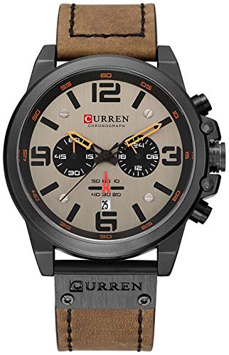 PASOY Mens Leather Watches Chronograph Classic Black Casual Dress Stainless Steel Case Waterproof Date Analog Quartz Multifunction Military Watch (Brown) - Image 1