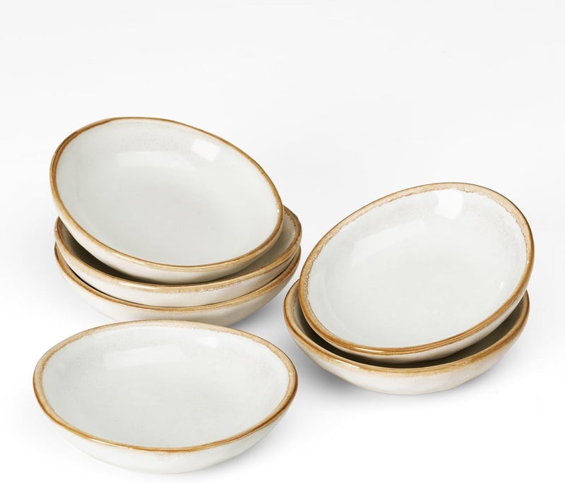 famiware Ocean Soy Sauce Dishes Set of 6 - Oval Ceramic Dipping Bowls, 2.1oz, Cappuccino White - Image 1