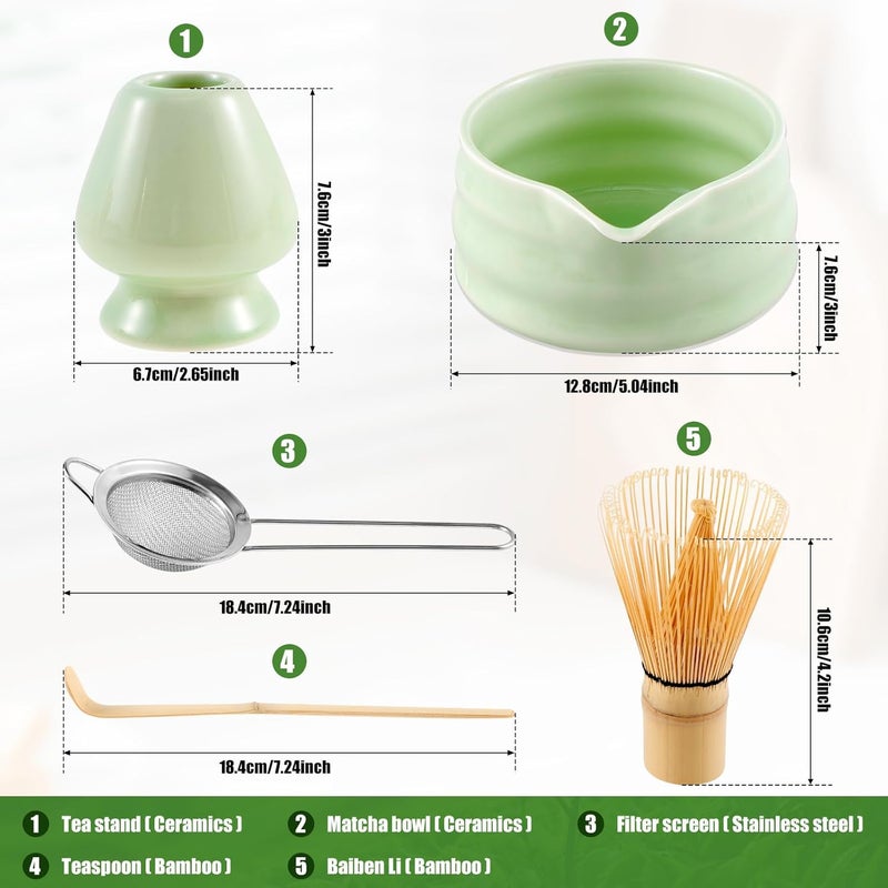 OKYMOTOR Matcha Whisk Set, 5 Pcs Matcha Kit - Matcha Bowl with Spout, Whisk and Holder, Bamboo Scoop and Stainless Sifter for Matcha Lover, Green - Image 2