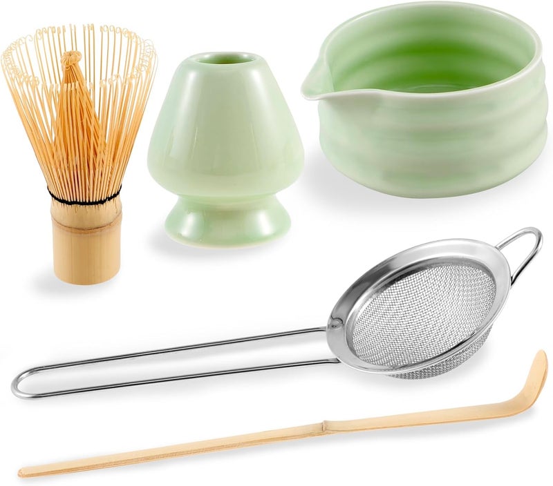 OKYMOTOR Matcha Whisk Set, 5 Pcs Matcha Kit - Matcha Bowl with Spout, Whisk and Holder, Bamboo Scoop and Stainless Sifter for Matcha Lover, Green - Image 1