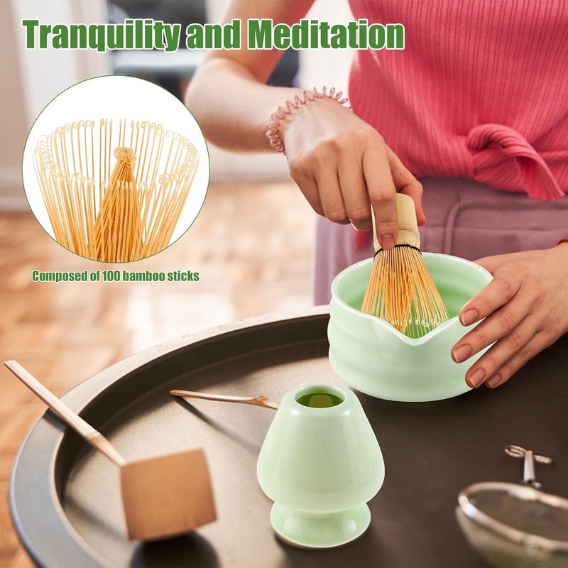 OKYMOTOR Matcha Whisk Set, 5 Pcs Matcha Kit - Matcha Bowl with Spout, Whisk and Holder, Bamboo Scoop and Stainless Sifter for Matcha Lover, Green - Image 3