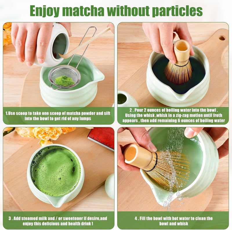 OKYMOTOR Matcha Whisk Set, 5 Pcs Matcha Kit - Matcha Bowl with Spout, Whisk and Holder, Bamboo Scoop and Stainless Sifter for Matcha Lover, Green - Image 4