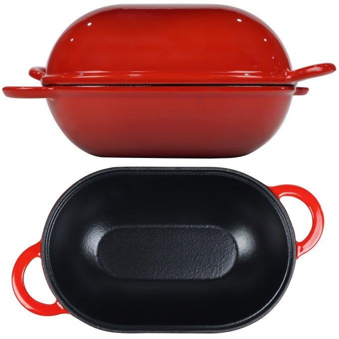 ENAMELED CAST IRON BREAD PAN DUTCH OVEN WITH LID AND LOOP HANDLES RED OVEN SAFE FORM FOR BAKING AND COOKING ARTISAN BREAD KIT LOAF PAN