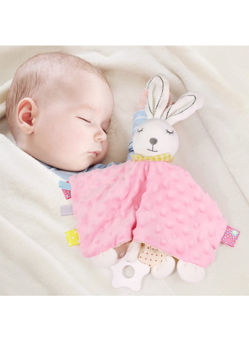 Bebiland Pink Bunny Security Blanket Soft Baby Lovey Gifts with Teether and Rattle Toys, Colorful Satin Tags Security Blanket with Stuffed Animal Baby Snuggle Toy for Newborn  - Image 5