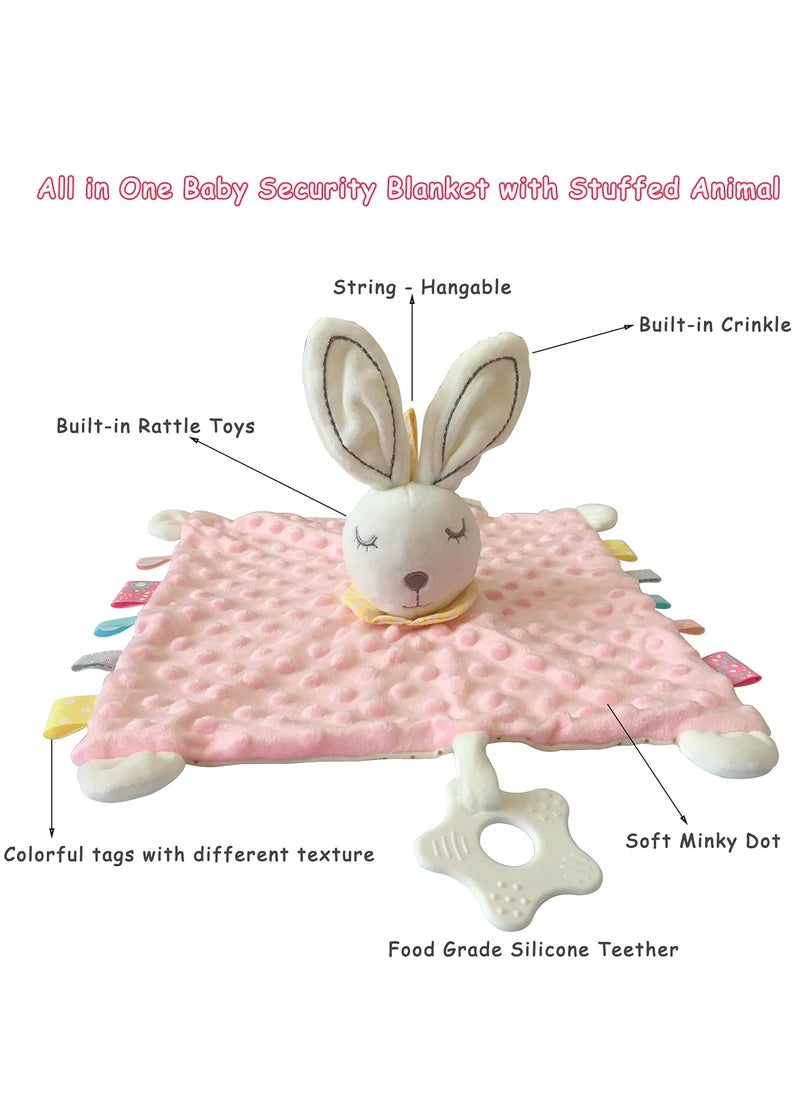 Bebiland Pink Bunny Security Blanket Soft Baby Lovey Gifts with Teether and Rattle Toys, Colorful Satin Tags Security Blanket with Stuffed Animal Baby Snuggle Toy for Newborn  - Image 2