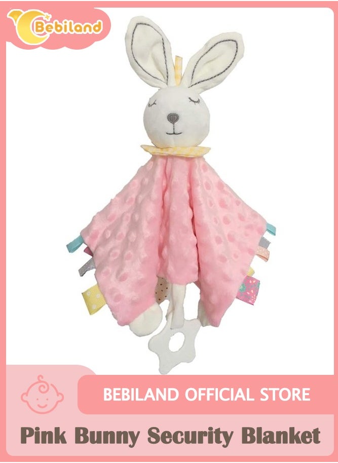 Bebiland Pink Bunny Security Blanket Soft Baby Lovey Gifts with Teether and Rattle Toys, Colorful Satin Tags Security Blanket with Stuffed Animal Baby Snuggle Toy for Newborn  - Image 1