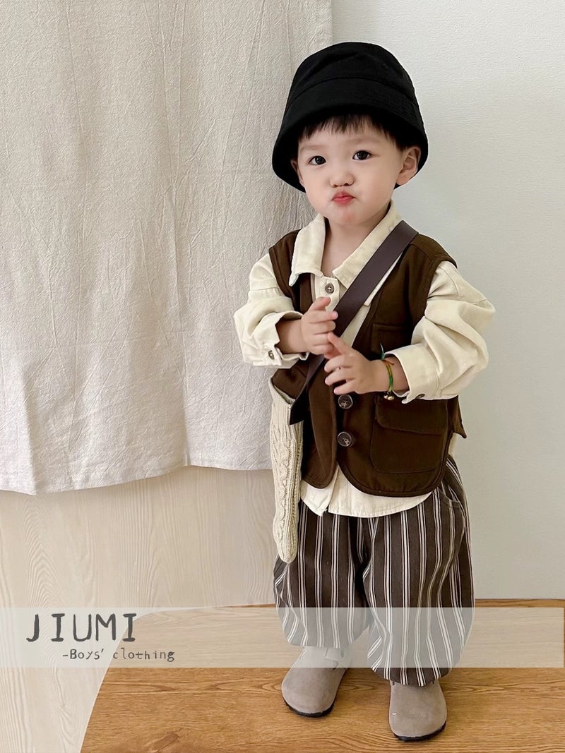 Childrens Wear Boys Spring and Autumn suit Boys Baby Korean 2024 Autumn New Casual Vest Shirt Three-piece Set Trendy Dark brown 