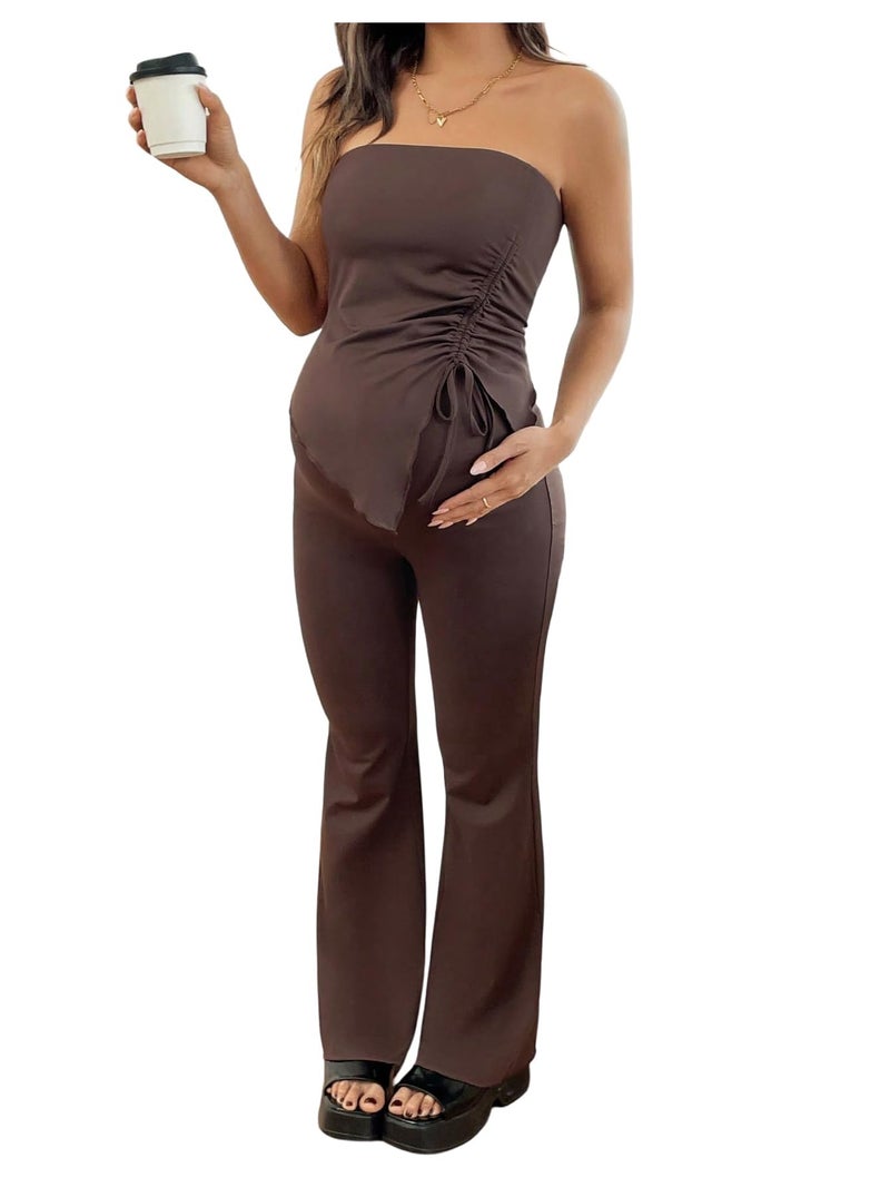 MakeMeChic Women's Maternity Sets 2 Piece Summer Outfits Ruched Tube Top and Pants Pregnancy Matching Set Brown Small - Image 1