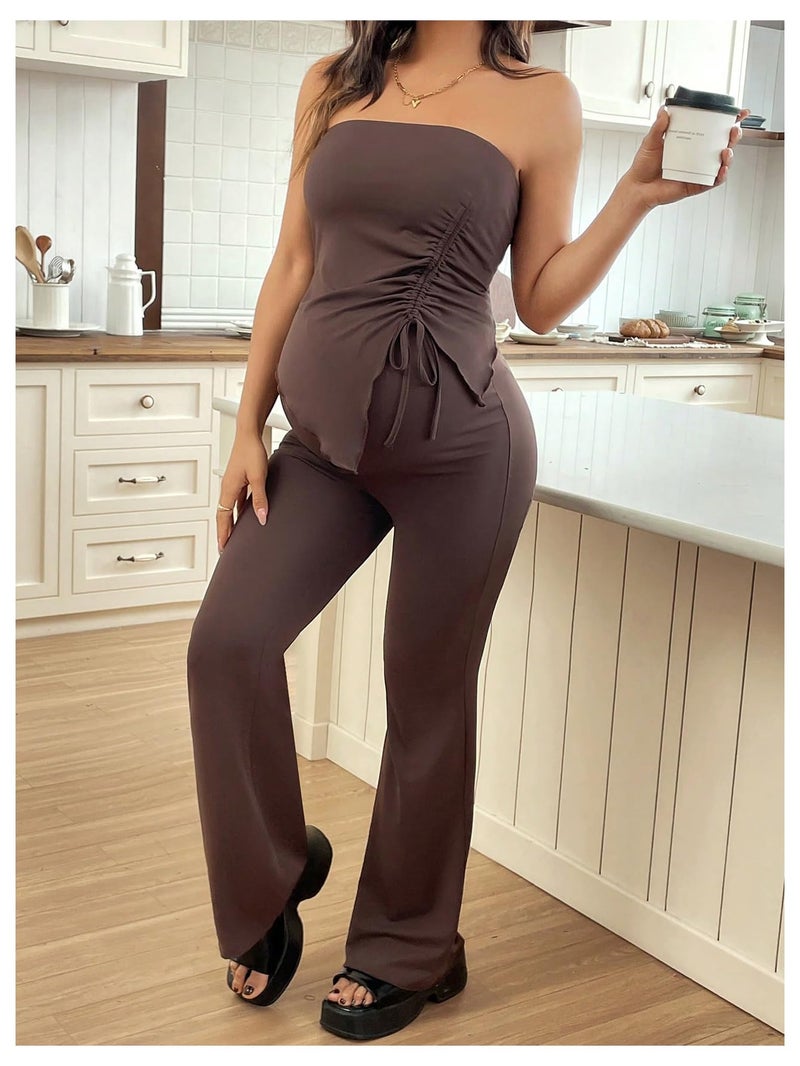 MakeMeChic Women's Maternity Sets 2 Piece Summer Outfits Ruched Tube Top and Pants Pregnancy Matching Set Brown Small - Image 4