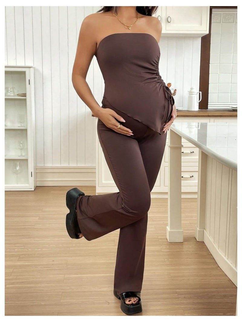 MakeMeChic Women's Maternity Sets 2 Piece Summer Outfits Ruched Tube Top and Pants Pregnancy Matching Set Brown Small - Image 5