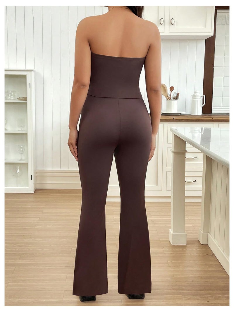 MakeMeChic Women's Maternity Sets 2 Piece Summer Outfits Ruched Tube Top and Pants Pregnancy Matching Set Brown Small - Image 2