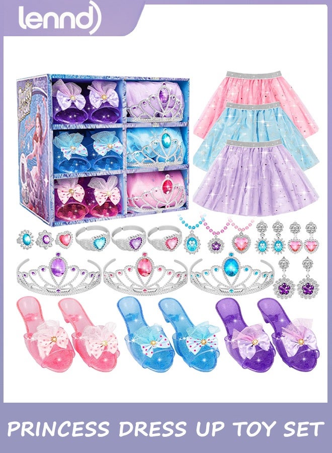 LENND Toddler Dress Up Princess Dress Up Shoes and Pretend Jewelry Toys Toddler Role Play Shoe Sets Costumes Set incl Color Skirts, Shoes, Crowns, Accessories, Girls Role Play - Image 1