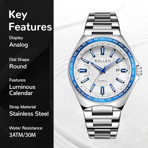 SOLLEN Silver Men's Classic Watch, Casual Formal Analog Watches for Men with Calendar, 30 Meters Waterproof Stainless Steel Wrist Watch, Business & Luxury Watch for Office and Daily Use - 42mm - Image 3
