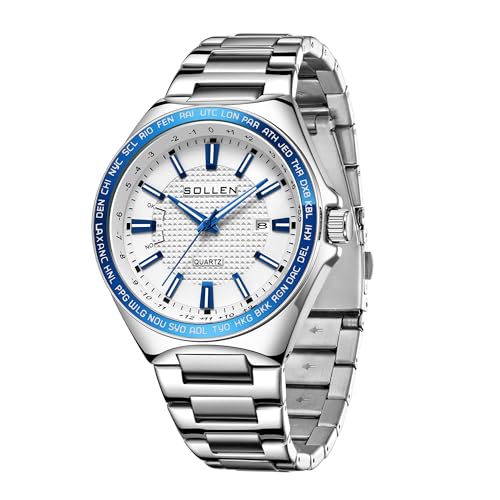 SOLLEN Silver Men's Classic Watch, Casual Formal Analog Watches for Men with Calendar, 30 Meters Waterproof Stainless Steel Wrist Watch, Business & Luxury Watch for Office and Daily Use - 42mm - Image 1