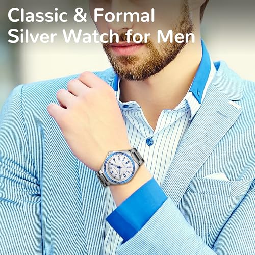 SOLLEN Silver Men's Classic Watch, Casual Formal Analog Watches for Men with Calendar, 30 Meters Waterproof Stainless Steel Wrist Watch, Business & Luxury Watch for Office and Daily Use - 42mm - Image 2