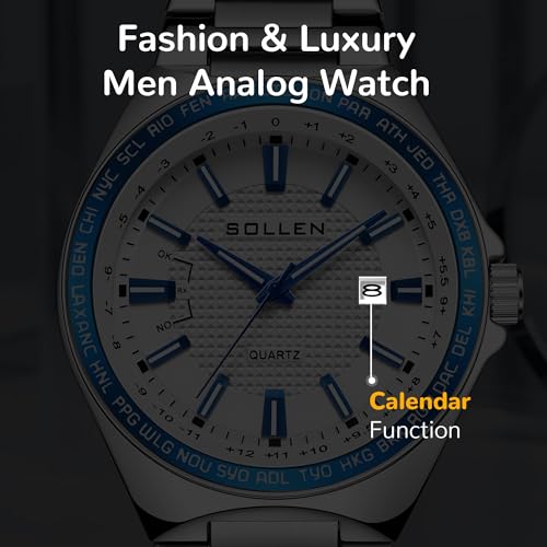 SOLLEN Silver Men's Classic Watch, Casual Formal Analog Watches for Men with Calendar, 30 Meters Waterproof Stainless Steel Wrist Watch, Business & Luxury Watch for Office and Daily Use - 42mm - Image 4
