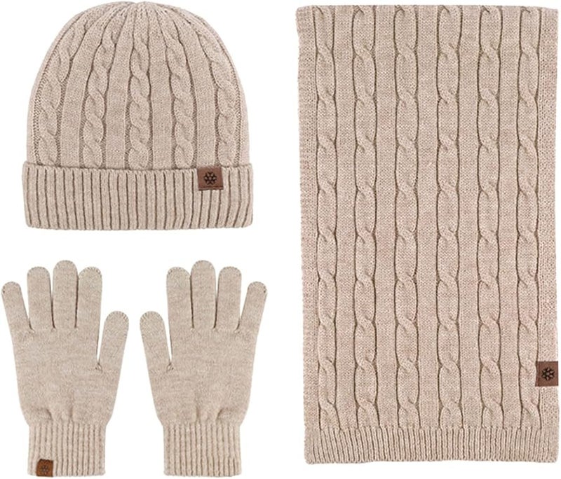 Khaki Winter Hat Scarf Gloves Set for Men and Women with Earmuffs One Size - Image 1
