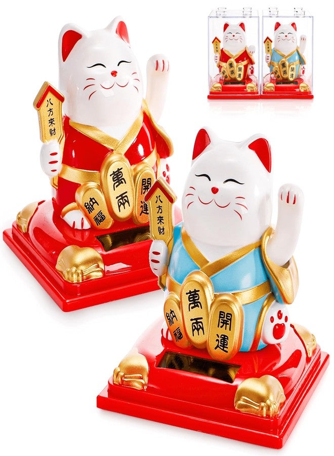 Youeon 2 Pack Lucky Cat Waving Arm, Small Solar Waving Cat, Vivid and Cute Beckoning & Welcoming Cats, Maneki Neko as Good Luck Decor for Home, Office, Car, Store, Restaurant - Image 1