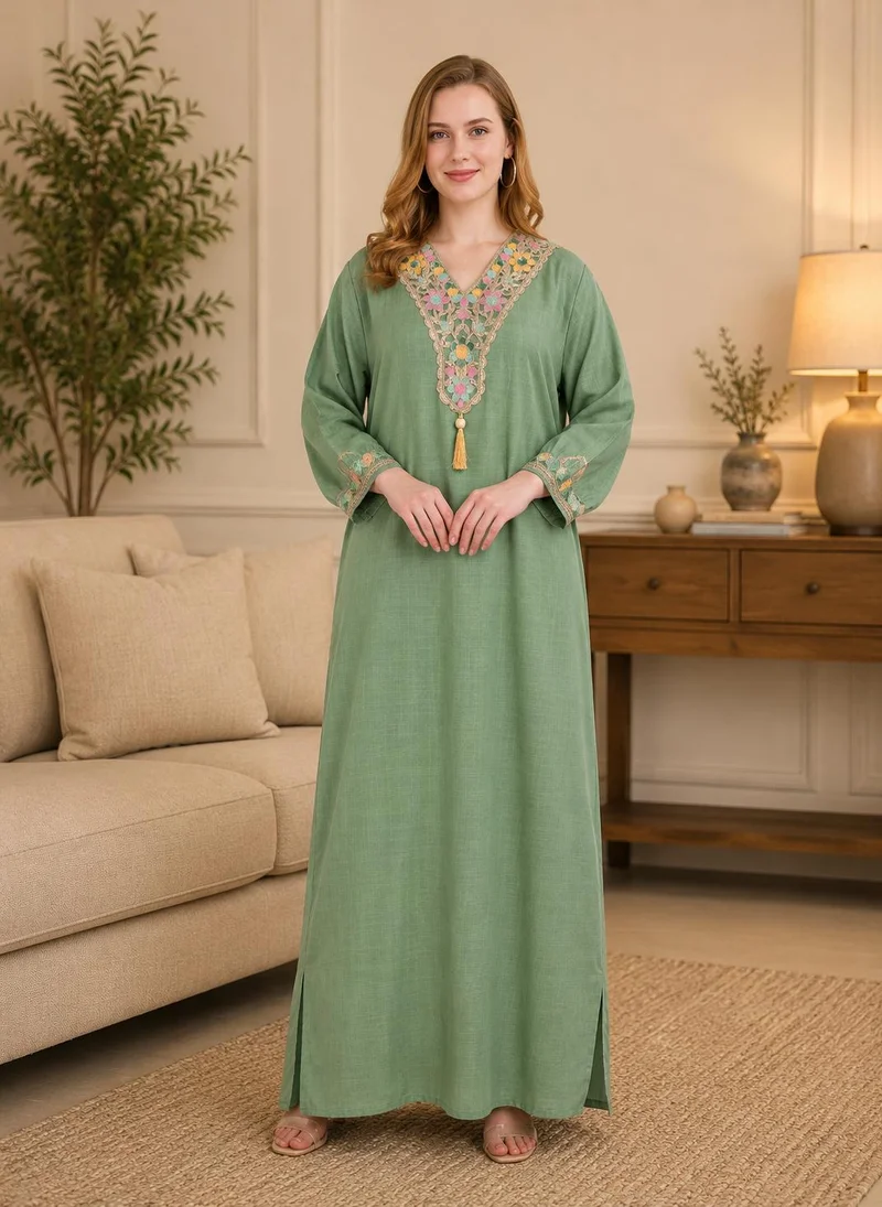 Artemea Women's Green-Multi sequin Embroidered Premium RayonDobby Ankle-Length Jalabiya Dress