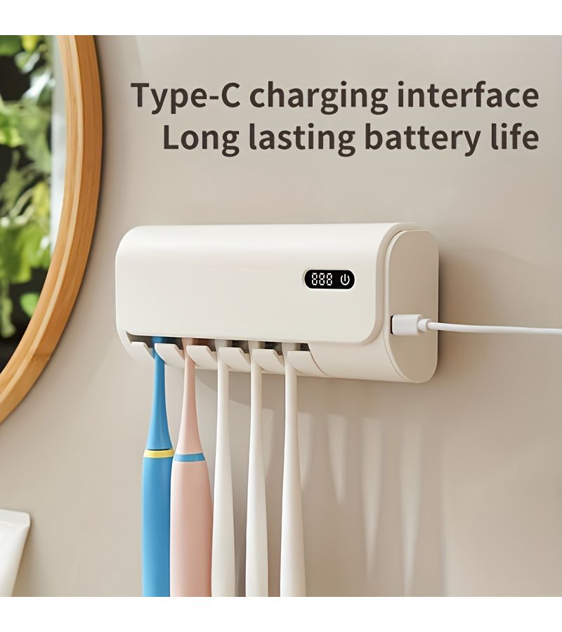 Smart Toothbrush Dryer Holder Black High Definition Large Screen One Button Touch Start Wall Mounted 5 Slot 24 Hour Healthy Battery Life Battery Wind Bathroom Storage Organizer - Image 3