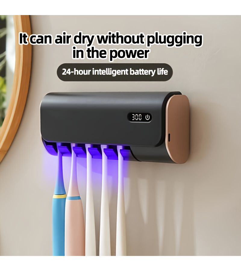 Smart Toothbrush Dryer Holder Black High Definition Large Screen One Button Touch Start Wall Mounted 5 Slot 24 Hour Healthy Battery Life Battery Wind Bathroom Storage Organizer - Image 1