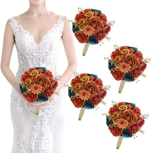 SEMONONIA Set of 4 Bridesmaids Bouquets for Wedding - 7 inch Artificial Bridesmaid Bouquets Pre-made Silk Rose Small Floral Bouquet for Vintage Fall Wedding Bridal Shower Marriage Proposal Party Ceremony - Image 1