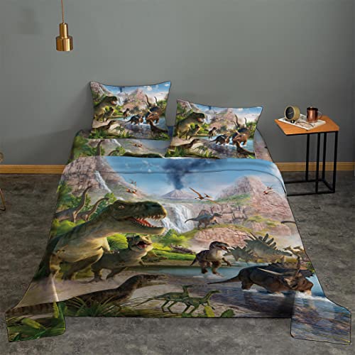 NiuOne 4Pcs Dinosaurs Bed Sheets Set Queen for Boys 3D Realistic Dinosaur Green Fitted Sheets Set Ancient Dinosaur Theme Kids/Adults/Teens Bedroom Bedding Sheet Set,Queen Size - Image 4