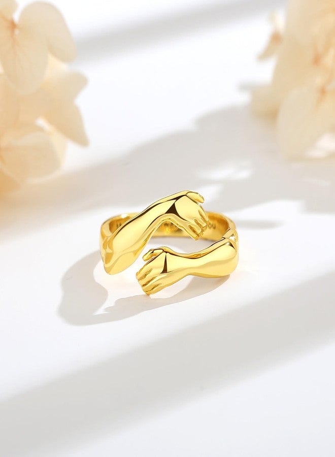 EUDORA Heart Hug Rings for Women Men S925 Sterling Silver, 18K Gold-Plated Adjustable Hugging Hands Open Ring Pinky Promise Couples Bands Rings Promise Ring Jewelry Gifts for Women Men, Sterling - Image 2