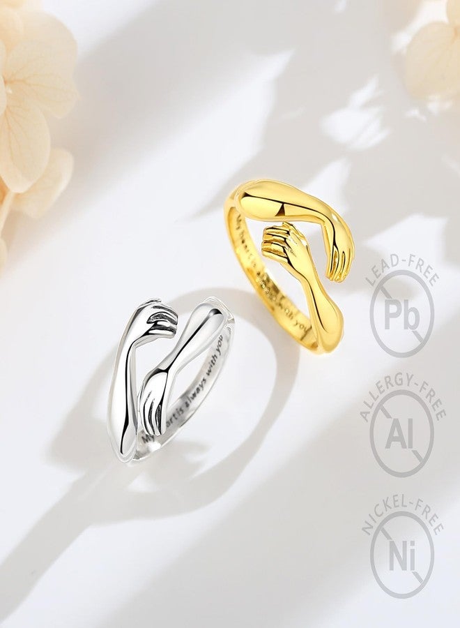 EUDORA Heart Hug Rings for Women Men S925 Sterling Silver, 18K Gold-Plated Adjustable Hugging Hands Open Ring Pinky Promise Couples Bands Rings Promise Ring Jewelry Gifts for Women Men, Sterling - Image 3