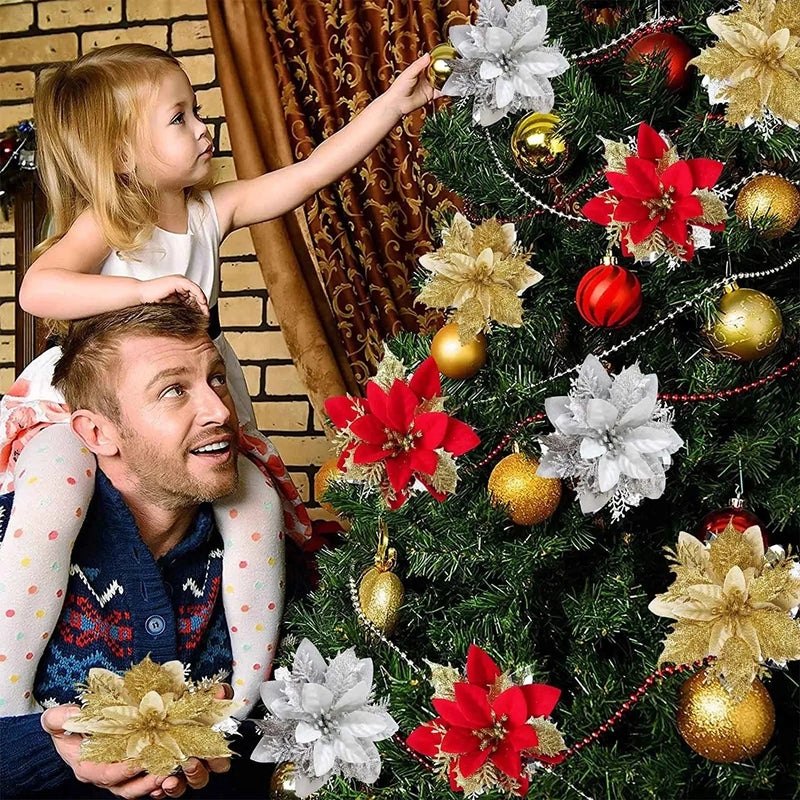 50/5pcs Glitter Christmas Poinsettia Artificial Flowers Xmas Tree Ornaments DIY Wreath Floral New Year Party Home Decoration - Image 3