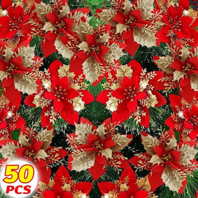50/5pcs Glitter Christmas Poinsettia Artificial Flowers Xmas Tree Ornaments DIY Wreath Floral New Year Party Home Decoration - Image 2