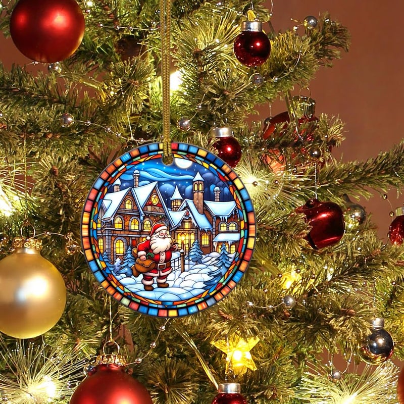 WLWLGLUCK Christmas Ceramic Hanging Ornament in Stained Glass Patterns  Christmas Keepsake Accessories for Xmas Tree Decorations  Retro Style Funny Santa and Snow House Ceramic Ornament for Xmas Decors - Image 4