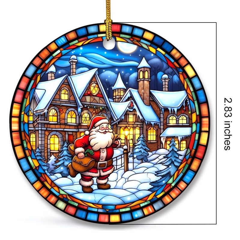 WLWLGLUCK Christmas Ceramic Hanging Ornament in Stained Glass Patterns  Christmas Keepsake Accessories for Xmas Tree Decorations  Retro Style Funny Santa and Snow House Ceramic Ornament for Xmas Decors - Image 2