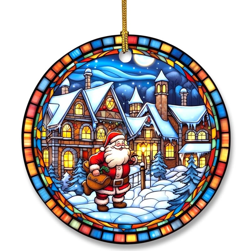 WLWLGLUCK Christmas Ceramic Hanging Ornament in Stained Glass Patterns  Christmas Keepsake Accessories for Xmas Tree Decorations  Retro Style Funny Santa and Snow House Ceramic Ornament for Xmas Decors - Image 1