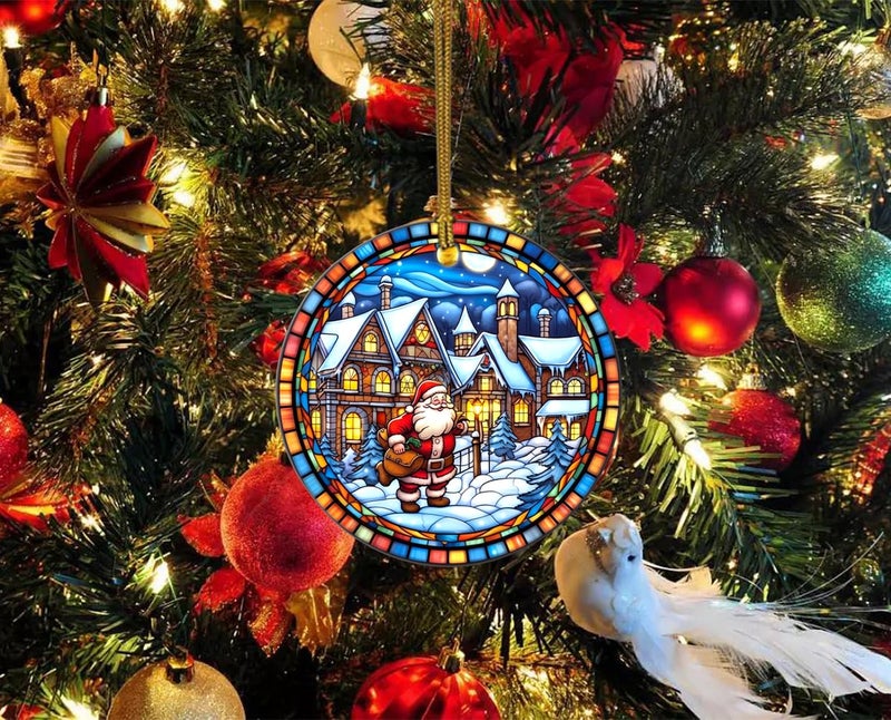 WLWLGLUCK Christmas Ceramic Hanging Ornament in Stained Glass Patterns  Christmas Keepsake Accessories for Xmas Tree Decorations  Retro Style Funny Santa and Snow House Ceramic Ornament for Xmas Decors - Image 3