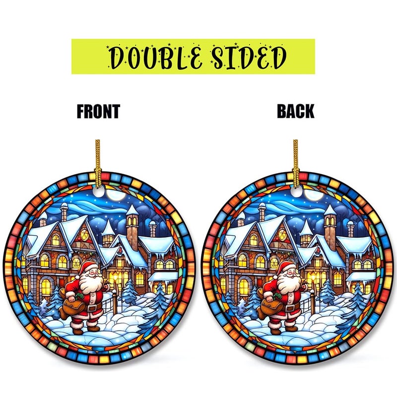 WLWLGLUCK Christmas Ceramic Hanging Ornament in Stained Glass Patterns  Christmas Keepsake Accessories for Xmas Tree Decorations  Retro Style Funny Santa and Snow House Ceramic Ornament for Xmas Decors - Image 5