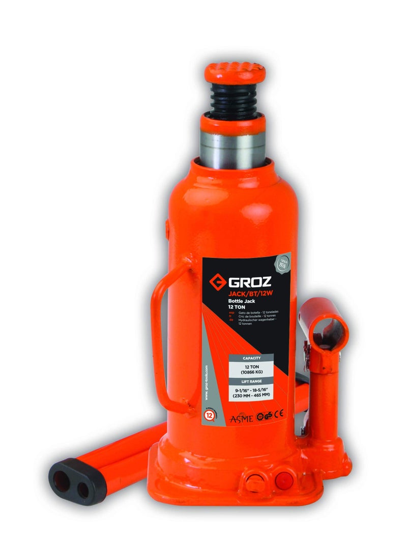 GROZ 12 Ton Hydraulic Bottle Jack with Load Limiting Device| Ideal for use with HCV, Mini Trucks Buses| Portable|Leak-Proof| Forged Base| Factory Tested| Lifting Range: 230-465 mm|JACK/BT/12W - Image 1