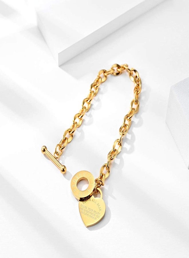 VQYSKO Heart Charm Bracelet for Women-18k Gold Plated Silver/Rose Gold OT Clasp Stainless Steel Bangle，Mother's Day Valentine's Day Christmas Birthday Gift (Gold, 6.7inch) - Image 2