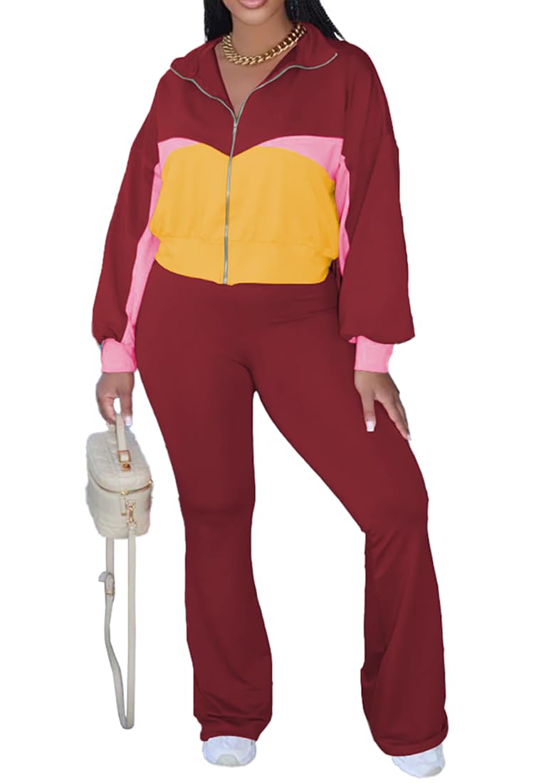 HBQ Women's Color Block 2 Piece Tracksuit Sets Long Sleeve Zip Up Crop Jacket and Flare Pants Casual Y2K Outfit-Burgundy-XL - Image 1