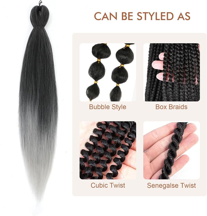 Difunee Pre-stretched Braiding Hair - 26 Inch 8 Packs Ombre Gray Super Long Braiding Hair For Twist or Box Braids, Yaki Texture Hot Water Setting Synthetic(26 Inch, T-Gray-8P) - Image 4