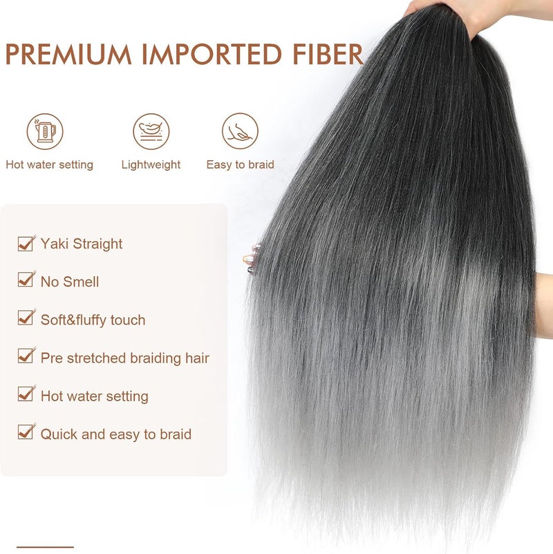 Difunee Pre-stretched Braiding Hair - 26 Inch 8 Packs Ombre Gray Super Long Braiding Hair For Twist or Box Braids, Yaki Texture Hot Water Setting Synthetic(26 Inch, T-Gray-8P) - Image 3