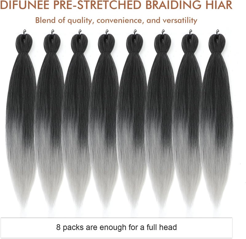 Difunee Pre-stretched Braiding Hair - 26 Inch 8 Packs Ombre Gray Super Long Braiding Hair For Twist or Box Braids, Yaki Texture Hot Water Setting Synthetic(26 Inch, T-Gray-8P) - Image 5