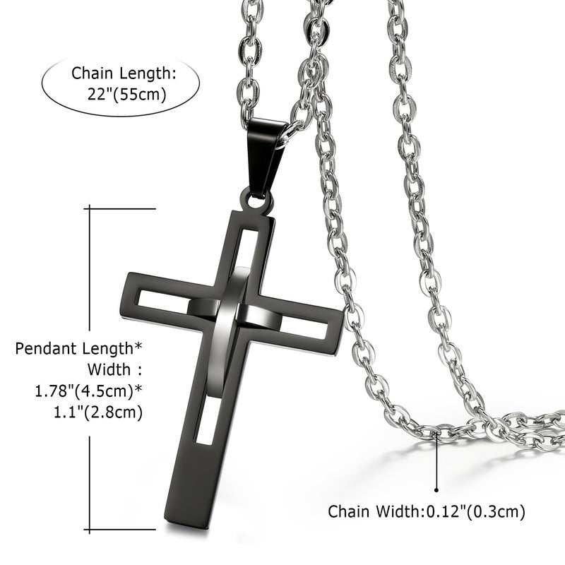 OIDEA 2 Colors Stainless Steel Mens High Polish Hollow Openwork Cross Pendant Necklace for Men and Women, Black+Gold - Image 3