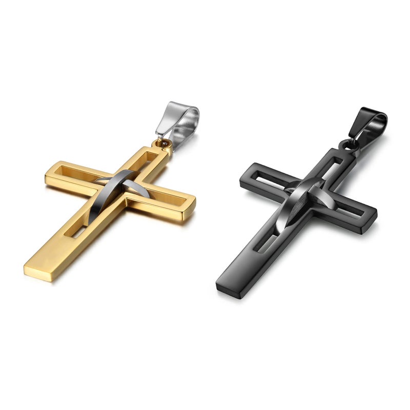 OIDEA 2 Colors Stainless Steel Mens High Polish Hollow Openwork Cross Pendant Necklace for Men and Women, Black+Gold - Image 1